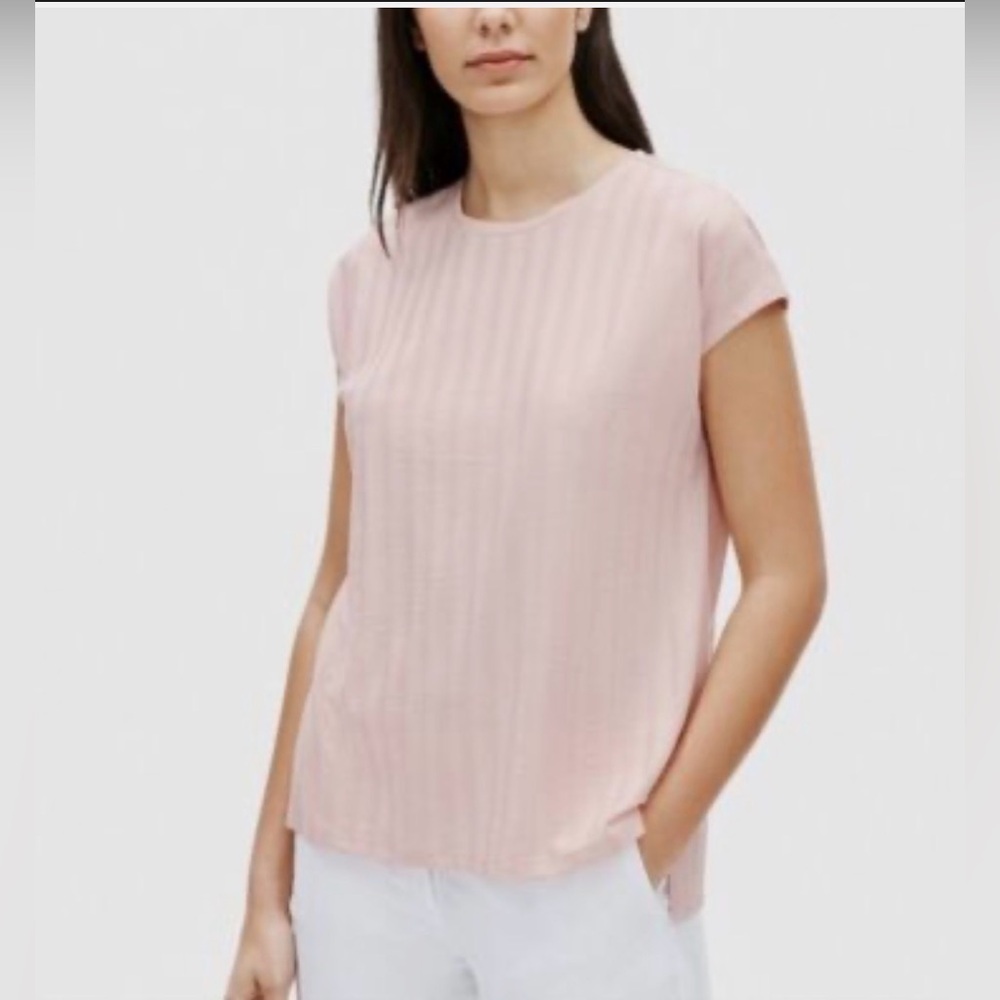 Eileen Fisher Blush Pink Ribbed Wide Short-Sleeve Crewneck Top, Medium